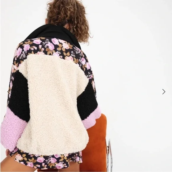 For Love and Lemons Cozy Zip-Up Jacket Colorblock floral stand collar Teddy bear - Picture 4 of 12